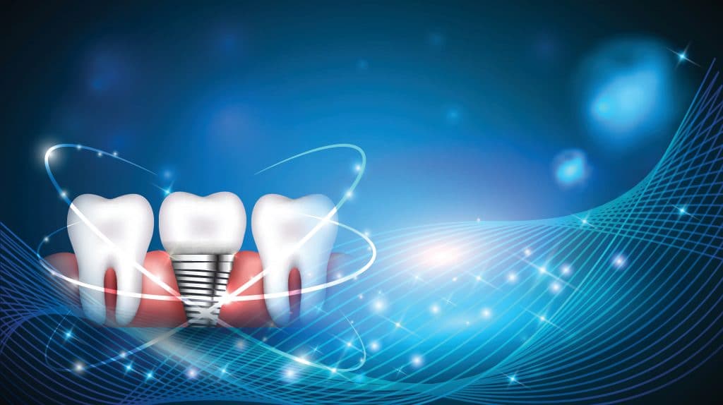 Dental implant and healthy teeth scientific modern design on a beautiful glowing background