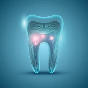 Abstract futuristic tooth structure on blue background, dental banner design