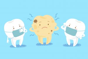 cute cartoon tooth with decay problem on blue background