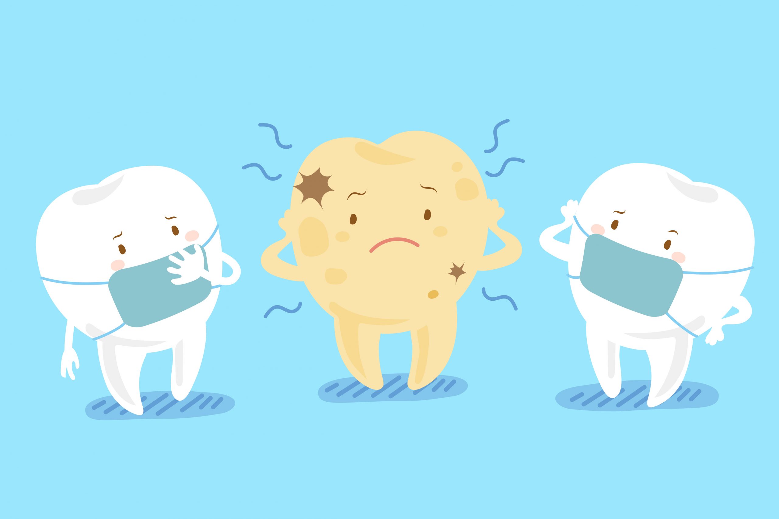 cute cartoon tooth with decay problem on blue background