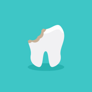 Caring for teeth, broken teeth and cavities with turquoise color background flat design vector illustration
