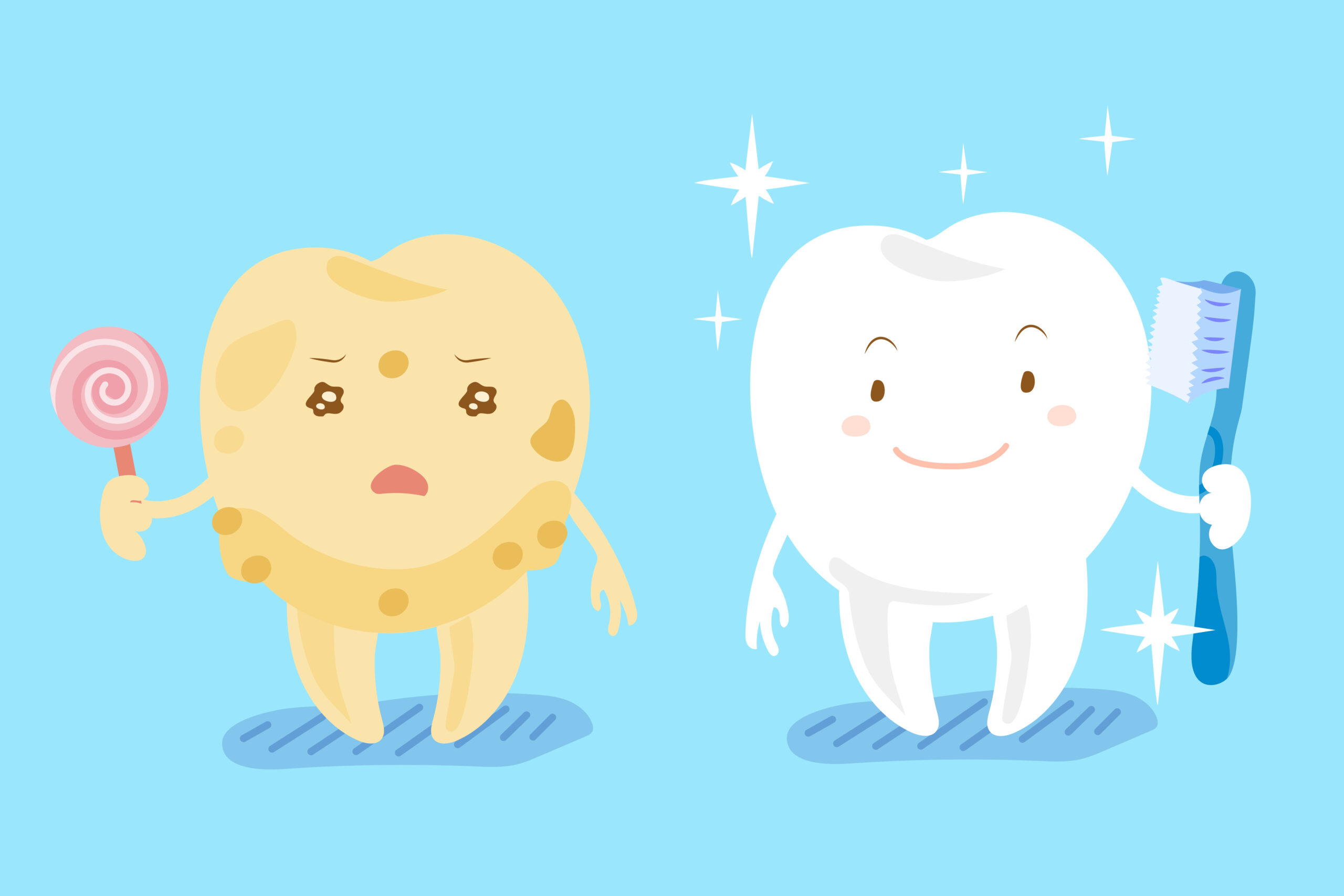 cute cartoon healthy teeth and tooth decay