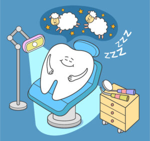 General Anesthesia. Cartoon tooth sleep in dental chair. Stomatology sedation concept or illustration. Dental care or treatment.