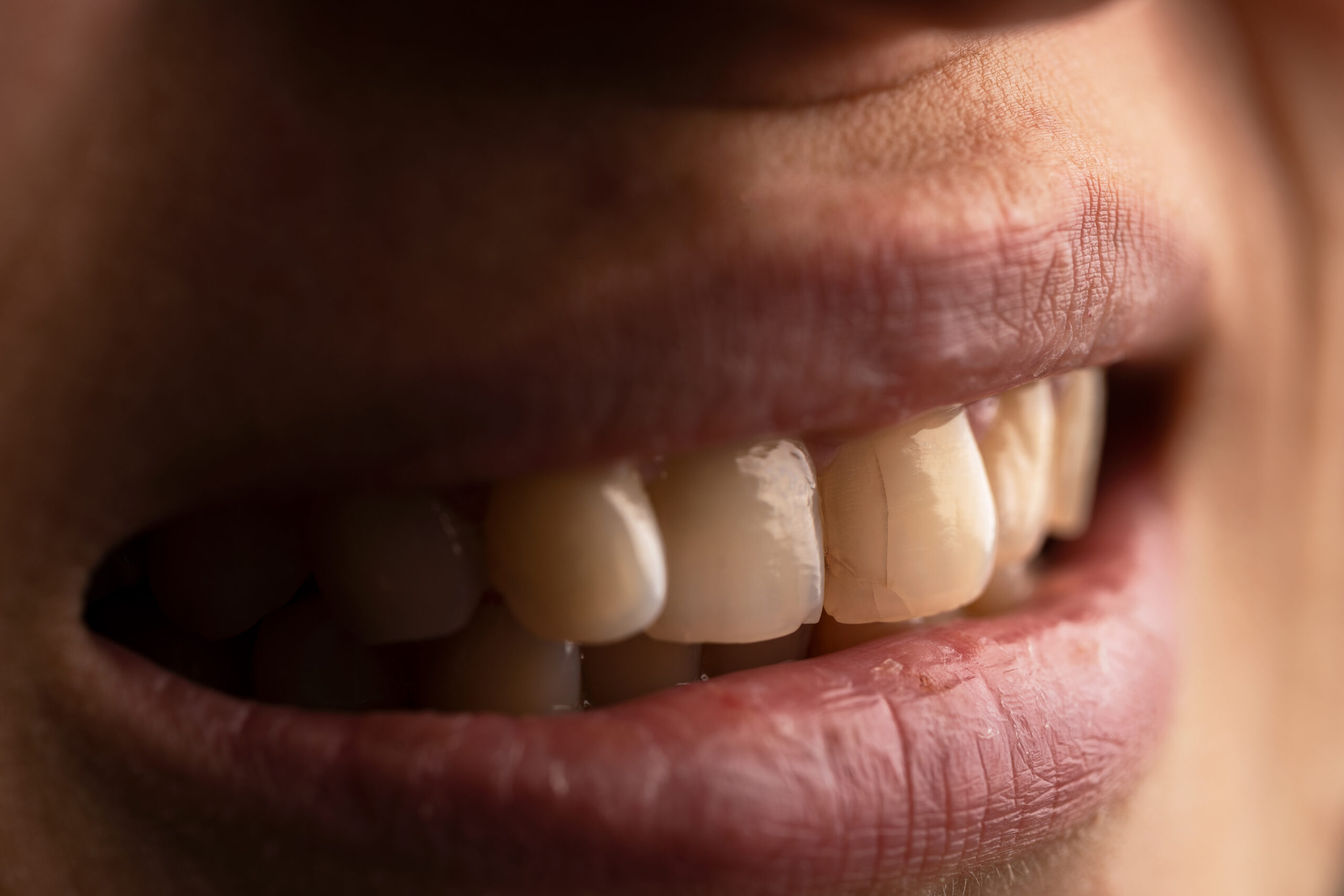 Close up photo of a woman with the cracked teeth. Teeth care con